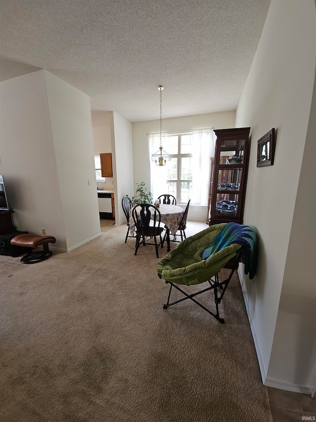 living area with a textured ceiling and carpet