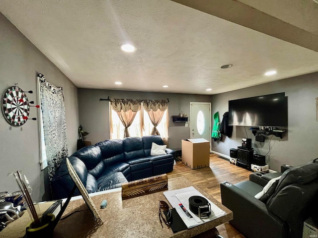 living room with a textured ceiling and wood-type flooring