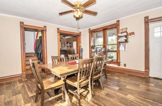 dining space with crown molding, a wealth of natural light, and ceiling fan