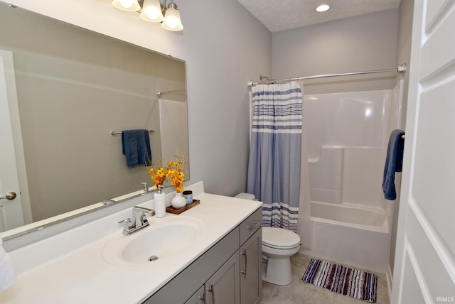 full bathroom with vanity, a textured ceiling, shower / tub combo with curtain, and toilet