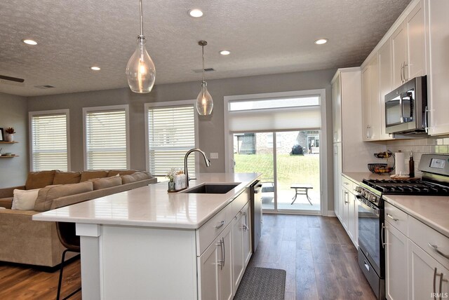 kitchen with dark hardwood / wood-style flooring, stainless steel appliances, sink, white cabinets, and an island with sink