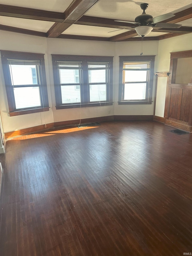 unfurnished living room featuring coffered ceiling, ceiling fan, dark hardwood / wood-style flooring, and beamed ceiling