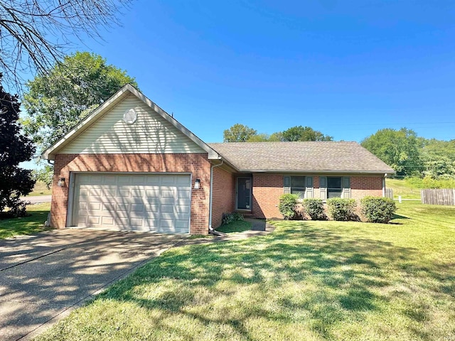 ranch-style house with a garage and a front lawn