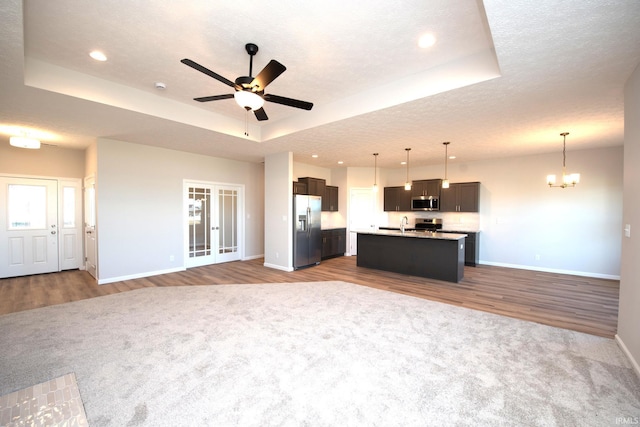 kitchen with a tray ceiling, stainless steel appliances, dark hardwood / wood-style flooring, and a center island with sink