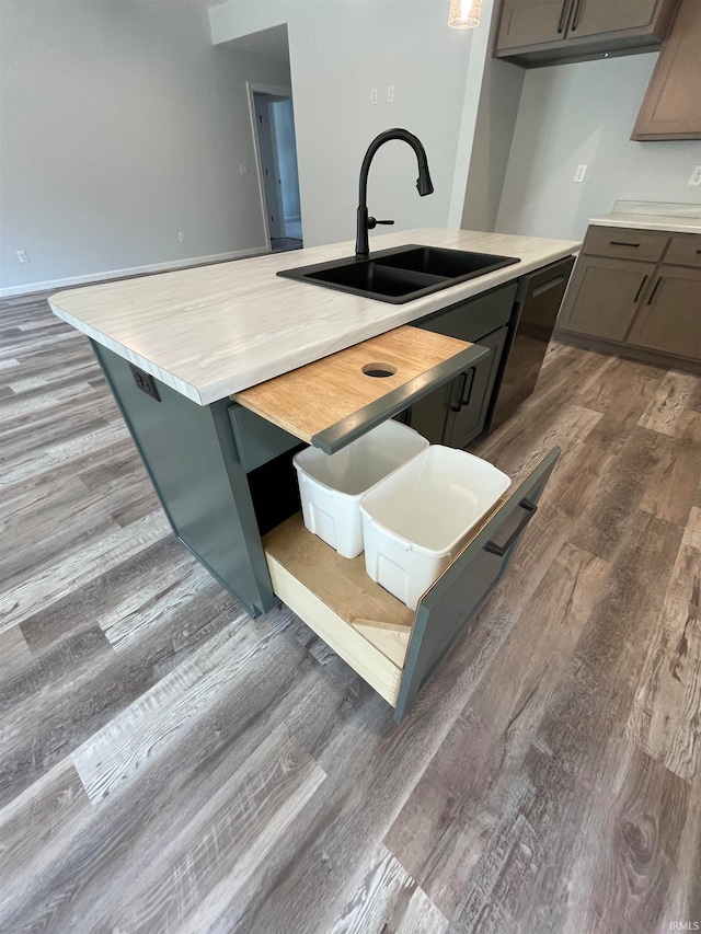 kitchen featuring hardwood / wood-style flooring, an island with sink, and sink