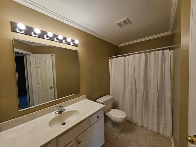 bathroom featuring toilet, tile patterned flooring, crown molding, vanity, and a shower with shower curtain