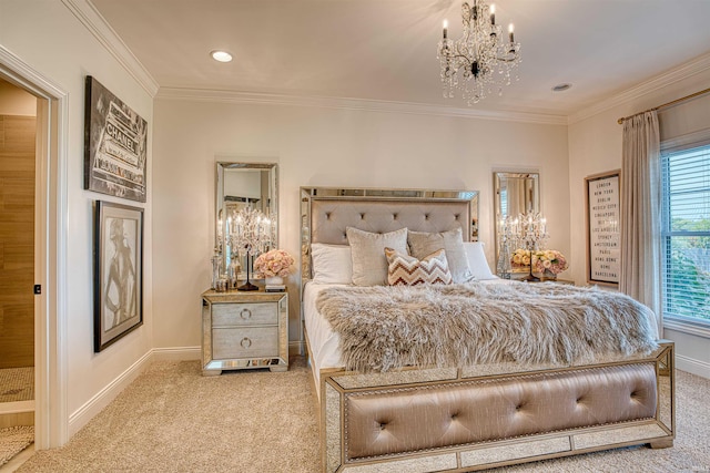 carpeted bedroom with a chandelier and ornamental molding