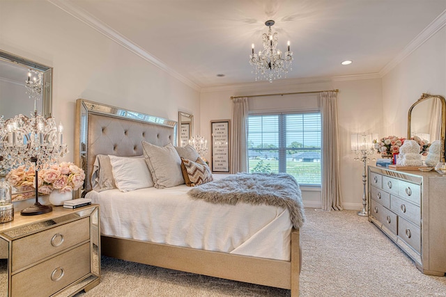 carpeted bedroom with a notable chandelier and ornamental molding