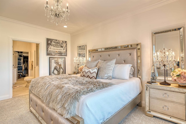 bedroom featuring crown molding, light carpet, and an inviting chandelier