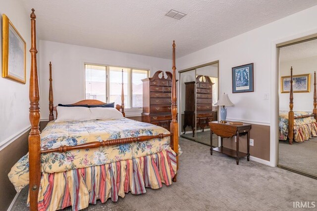 bedroom featuring a textured ceiling, carpet, and a closet