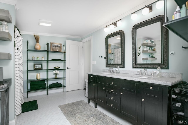 16084 County Road 20, Goshen, IN 46528 - full bath featuring double vanity, ornamental molding, and a sink