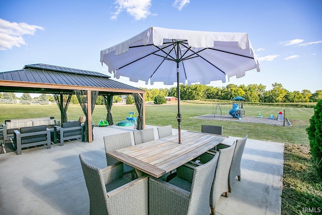 view of patio / terrace featuring an outdoor living space and a gazebo