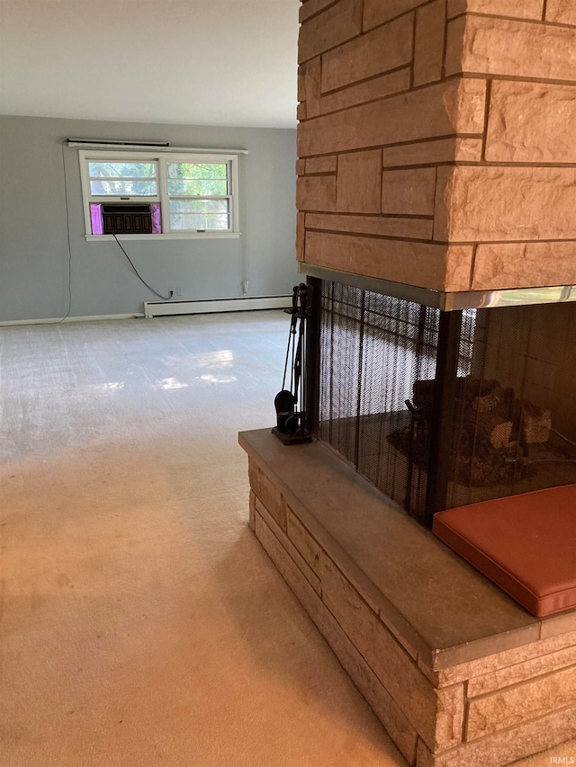 staircase featuring cooling unit, baseboard heating, and carpet