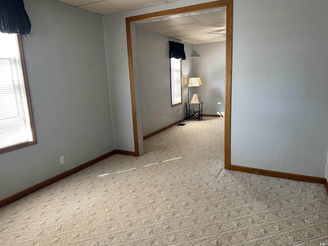 carpeted spare room with ceiling fan, a paneled ceiling, and plenty of natural light