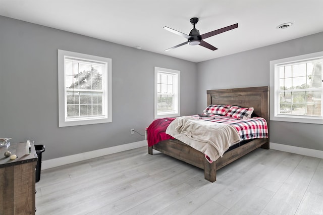 bedroom featuring light wood-type flooring and ceiling fan