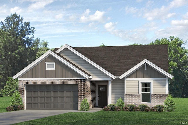 view of front of house featuring brick siding, board and batten siding, a front yard, a garage, and driveway