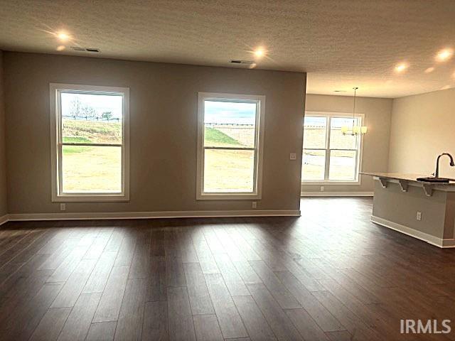 unfurnished living room featuring a wealth of natural light, dark wood-type flooring, a textured ceiling, and a sink