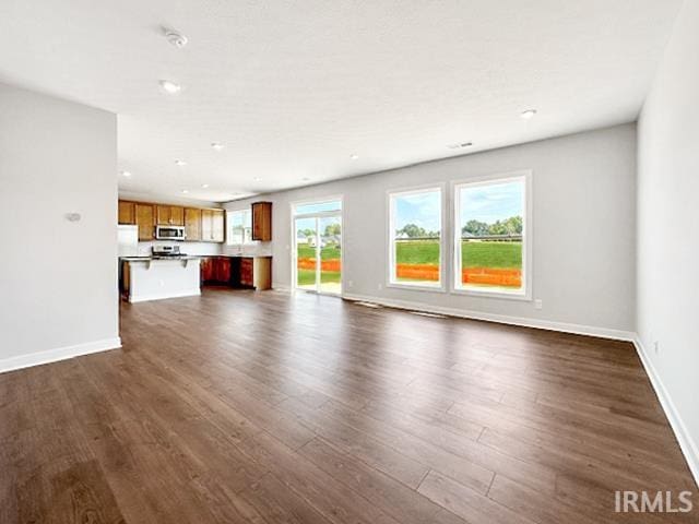 unfurnished living room with dark hardwood / wood-style floors