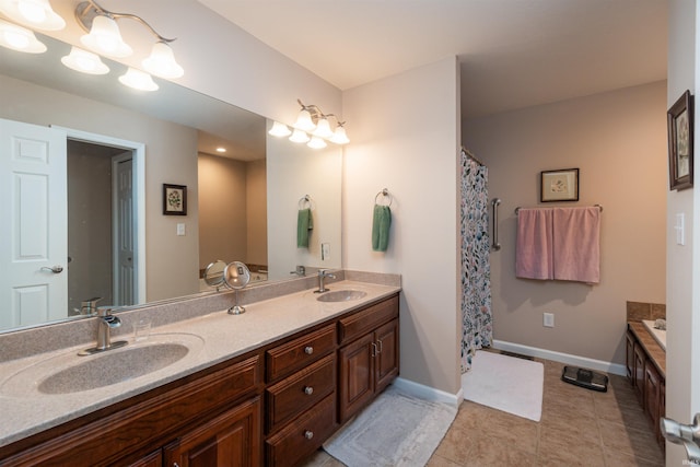 bathroom featuring vanity, separate shower and tub, and tile patterned floors