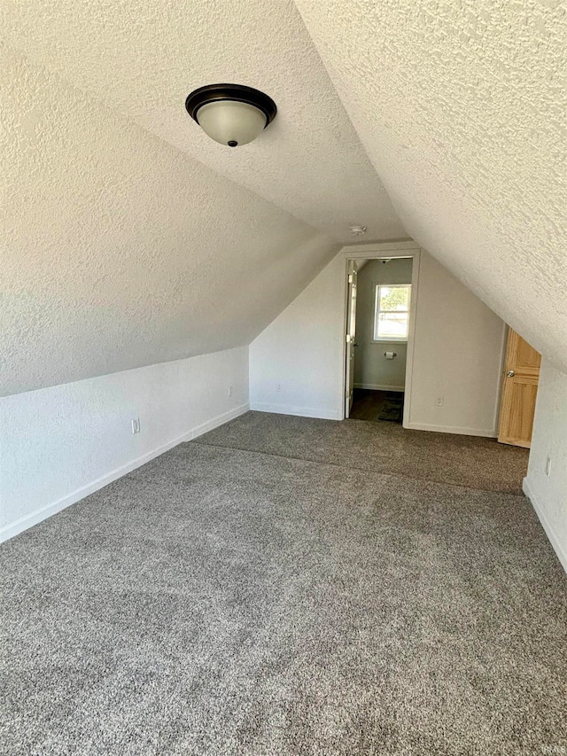 additional living space with vaulted ceiling, a textured ceiling, and carpet flooring