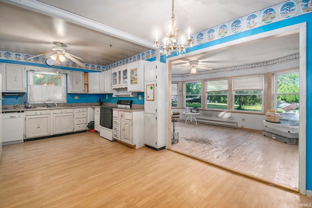 kitchen featuring ceiling fan with notable chandelier, a baseboard radiator, white appliances, and light hardwood / wood-style flooring