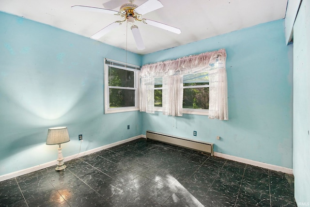 unfurnished room featuring a baseboard heating unit and ceiling fan