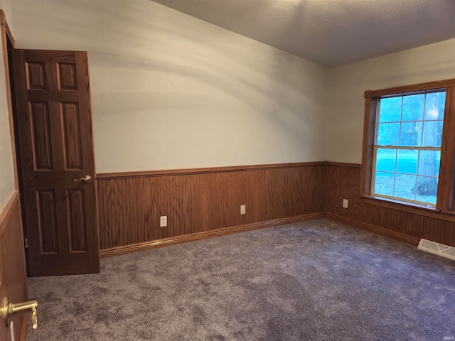 carpeted spare room with a textured ceiling and wood walls