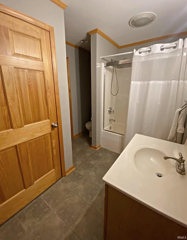 full bathroom with tile patterned flooring, toilet, shower / tub combo, vanity, and ornamental molding