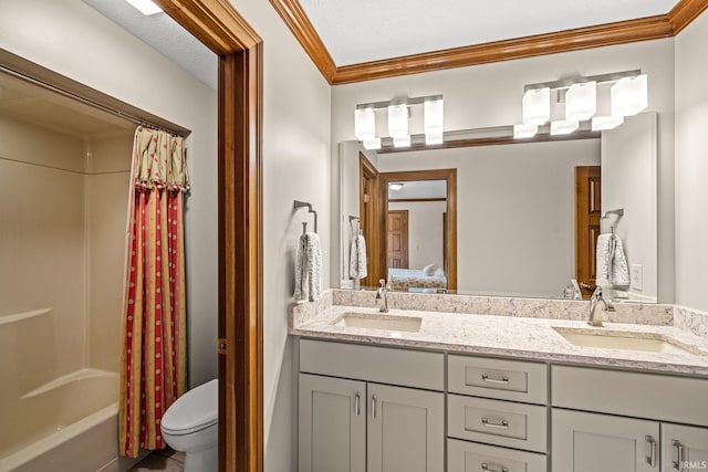 full bathroom featuring crown molding, toilet, shower / bath combination with curtain, vanity, and a textured ceiling