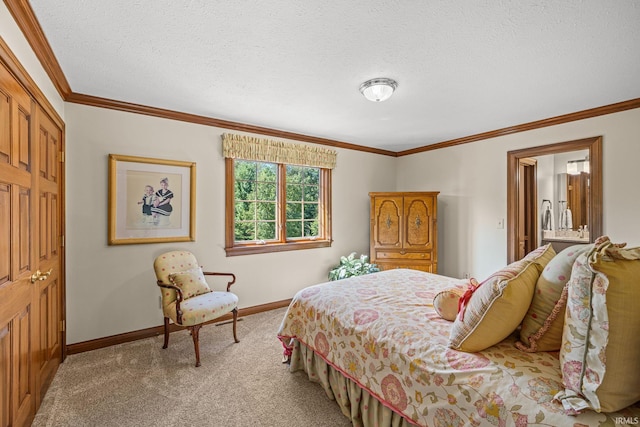 carpeted bedroom featuring crown molding and a textured ceiling