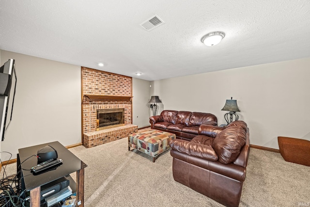 carpeted living room with a textured ceiling and a brick fireplace