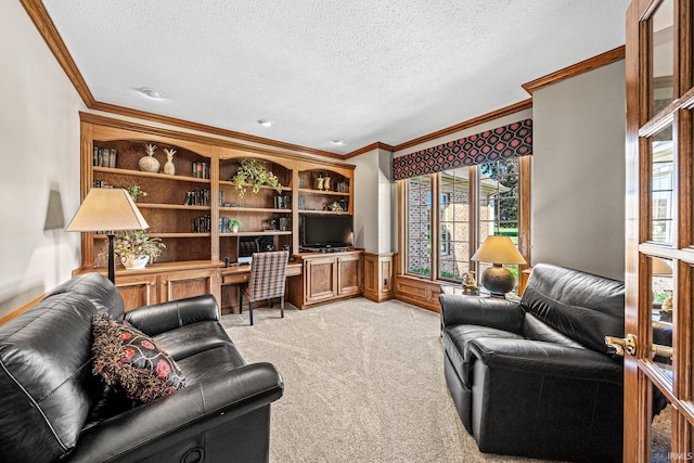 carpeted office space featuring crown molding, a textured ceiling, and plenty of natural light