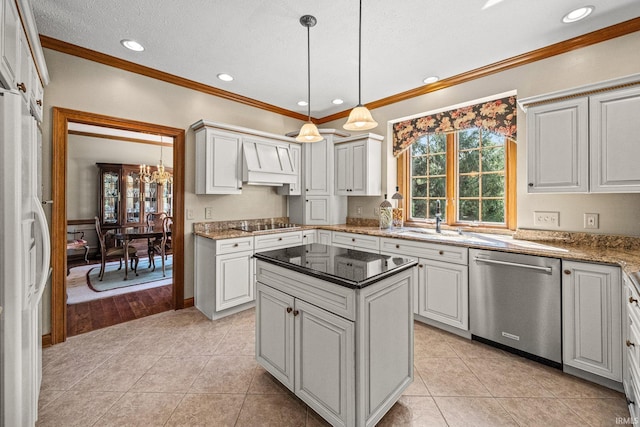 kitchen featuring white refrigerator with ice dispenser, dishwasher, a kitchen island, white cabinets, and light hardwood / wood-style floors