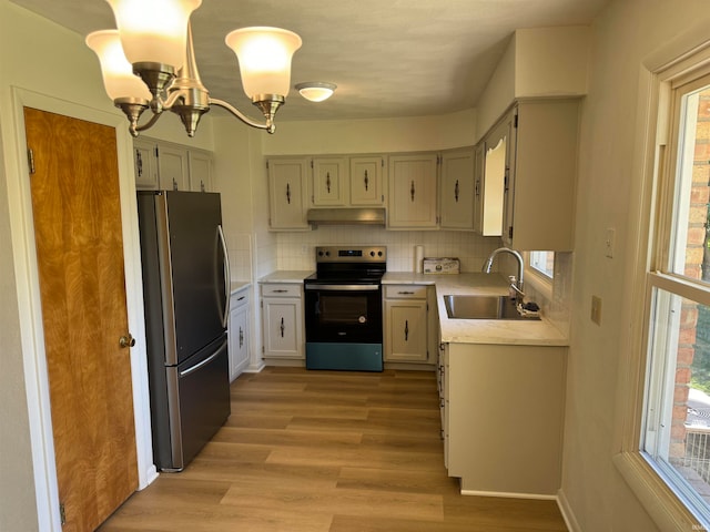 kitchen featuring light wood-type flooring, stainless steel appliances, a notable chandelier, sink, and tasteful backsplash