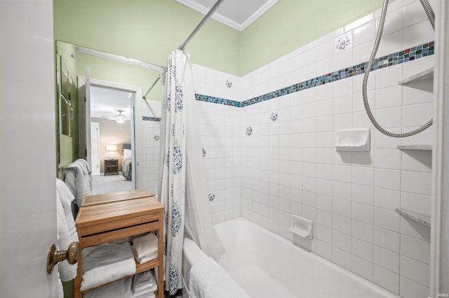 bathroom featuring ceiling fan, shower / tub combo, and crown molding