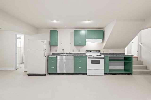 kitchen with green cabinets, white appliances, and sink