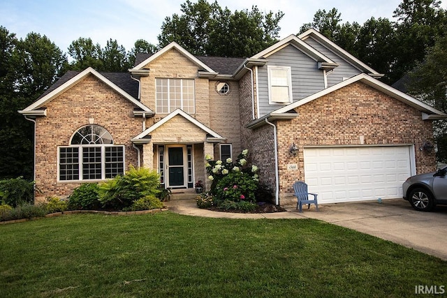 traditional-style house with brick siding, an attached garage, concrete driveway, and a front yard