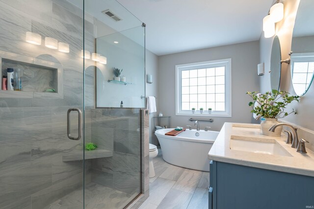 full bathroom featuring vanity, toilet, a healthy amount of sunlight, and plus walk in shower