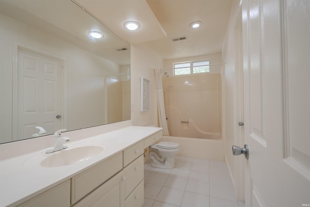 bathroom featuring visible vents, toilet, vanity, shower / bath combination, and tile patterned flooring