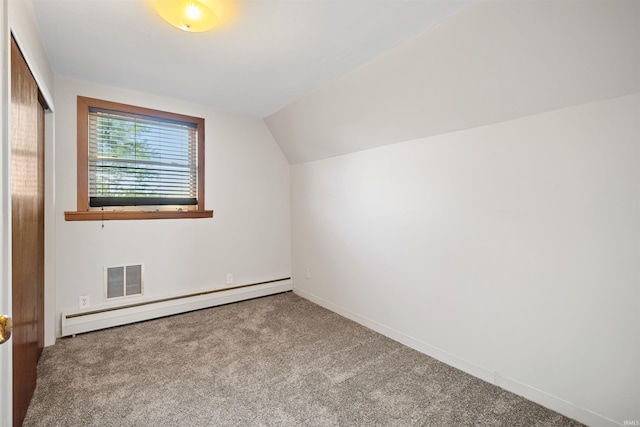 bonus room featuring lofted ceiling, baseboard heating, and carpet