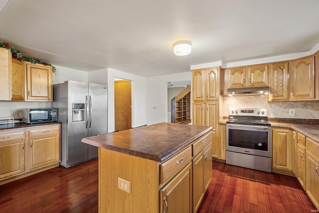 kitchen featuring tasteful backsplash, butcher block countertops, stainless steel appliances, dark hardwood / wood-style flooring, and a kitchen island