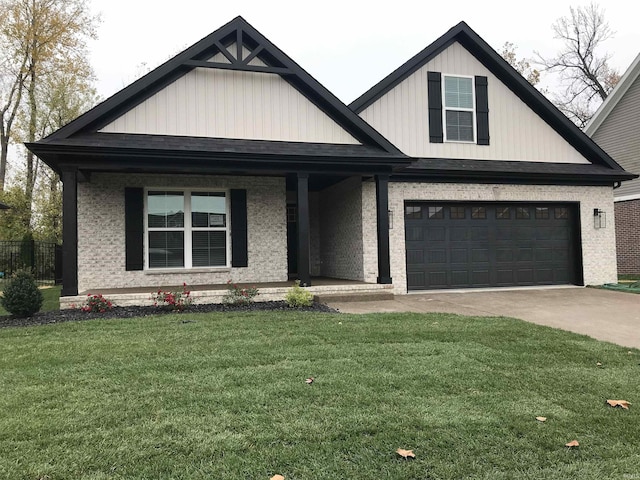 modern farmhouse featuring driveway, a front lawn, and brick siding