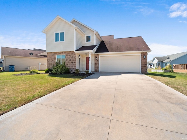 view of front of property with a garage and a front lawn