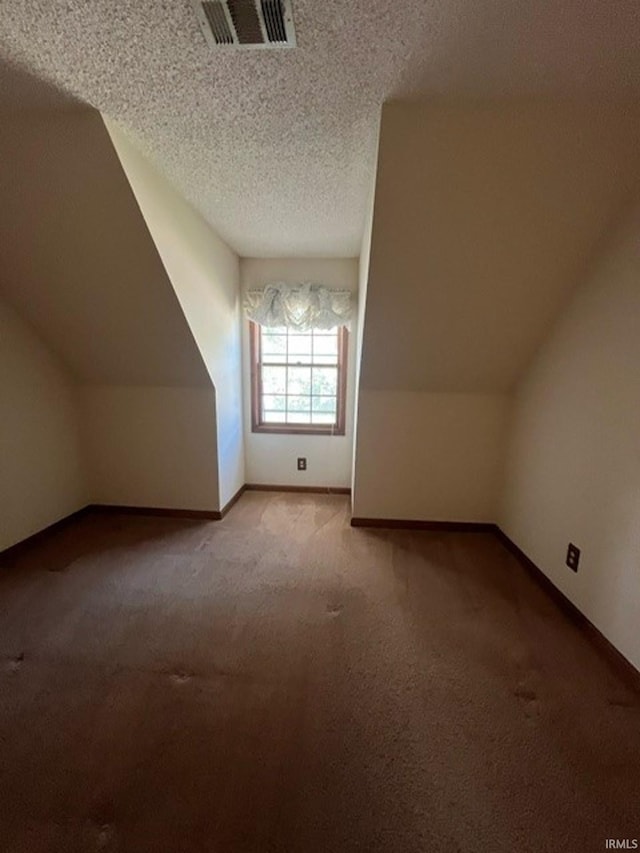 bonus room featuring vaulted ceiling, carpet floors, and a textured ceiling