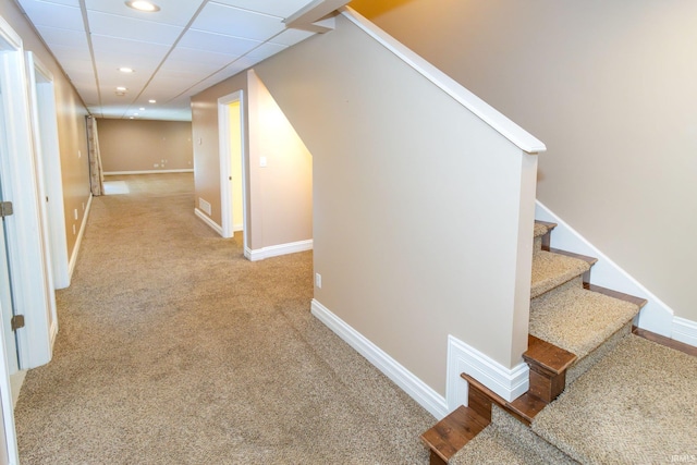 corridor featuring carpet flooring and a drop ceiling