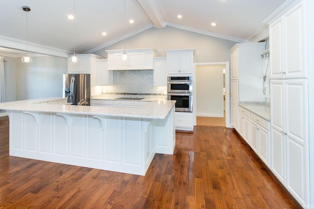 kitchen featuring pendant lighting, dark hardwood / wood-style flooring, stainless steel appliances, and light stone countertops