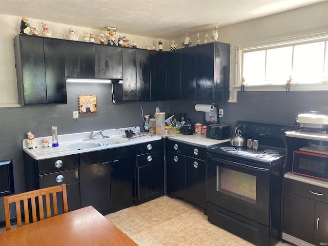 kitchen featuring black / electric stove, a textured ceiling, and sink