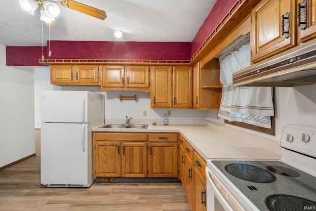 kitchen with light hardwood / wood-style flooring, white appliances, sink, ceiling fan, and a textured ceiling