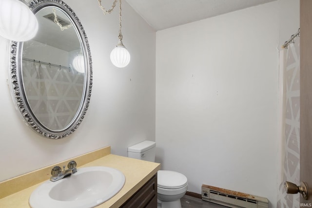 bathroom featuring a baseboard heating unit, vanity, toilet, and curtained shower