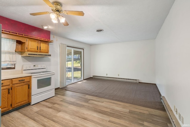 kitchen with ceiling fan, light hardwood / wood-style flooring, a baseboard radiator, and white electric range oven